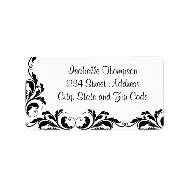 Chic Black and White Damask Flourish Border Label (Front)