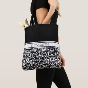 Chic Black and White Damask Personalised Tote Bag