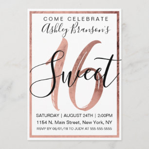 Chic Black and White Faux Rose Gold Foil Sweet 16 Invitation