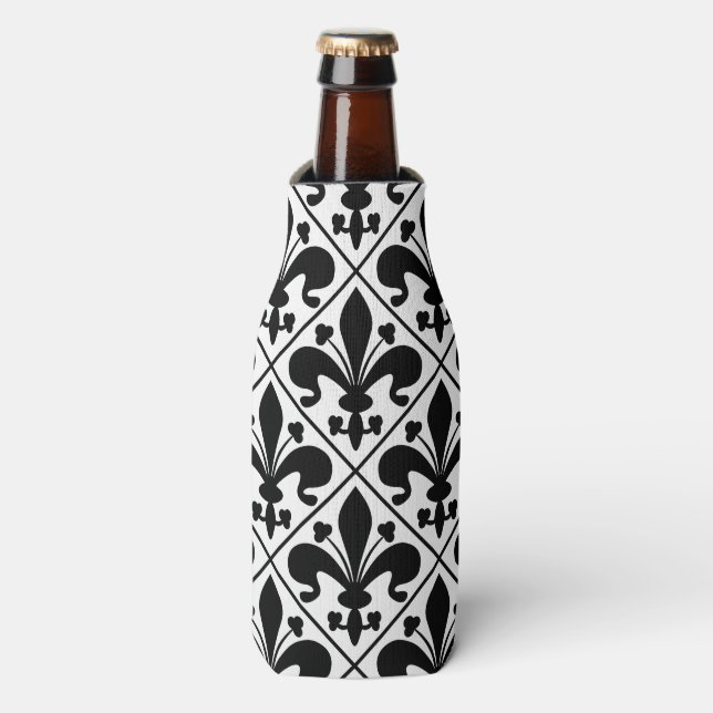 Chic Black and White Fleur de Lis Bottle Cooler (Bottle Front)