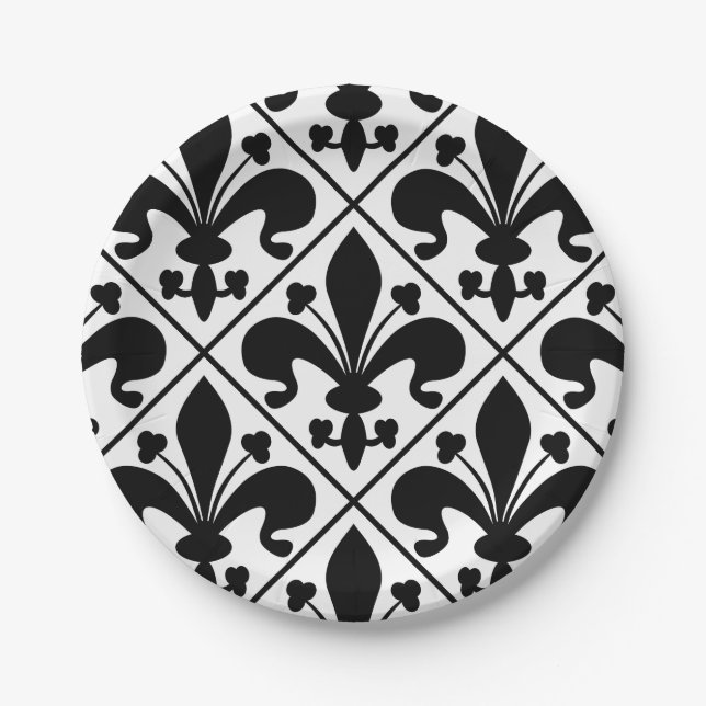 Chic Black and White Fleur de Lis Paper Plate (Front)