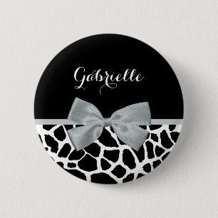 Chic Black and White Giraffe Print Silver Grey Bow 6 Cm Round Badge