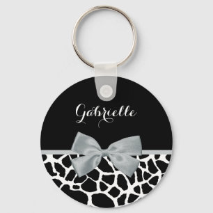 Chic Black and White Giraffe Print Silver Grey Bow Key Ring
