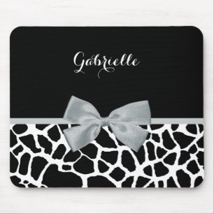 Chic Black and White Giraffe Print Silver Grey Bow Mouse Mat