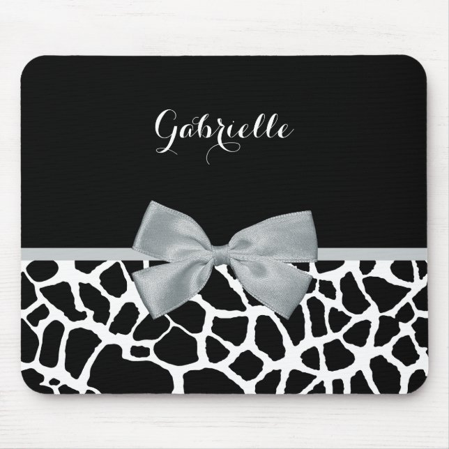 Chic Black and White Giraffe Print Silver Grey Bow Mouse Mat (Front)