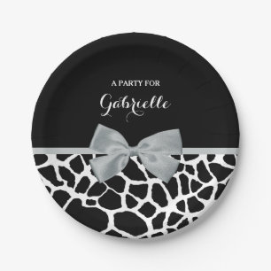 Chic Black and White Giraffe Print Silver Grey Bow Paper Plate