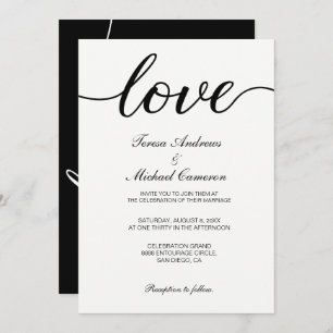 Chic Black and White Love Script Wedding Invitation