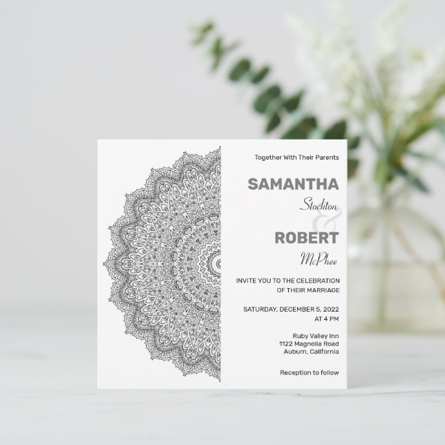 Chic Black and White Mandala Wedding Invitation (Standing Front)