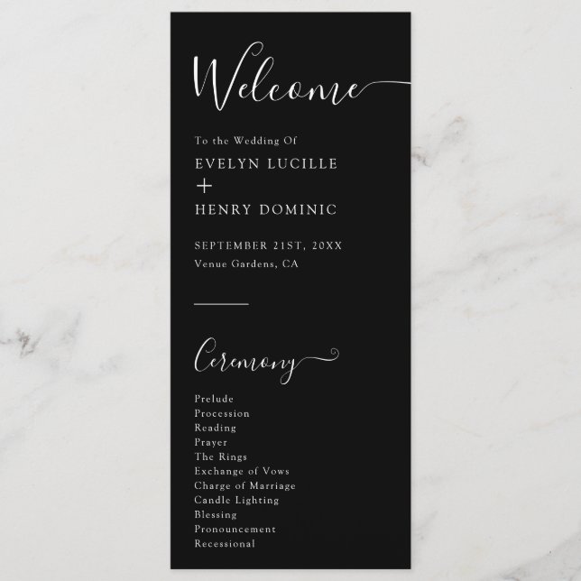 Chic Black and White Minimalist Wedding Ceremony Programme (Front)