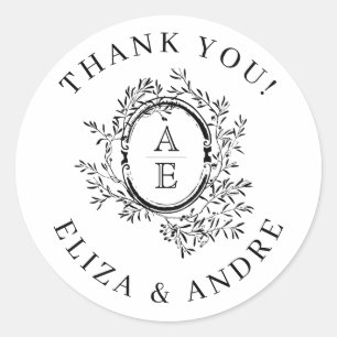 Chic,  Black and White Monogram Crest Classic Round Sticker