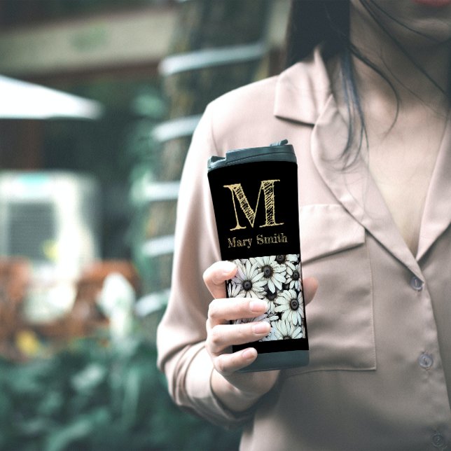 Chic Black and White Monogrammed Floral Minimalist Thermal Tumbler (Creator Uploaded)
