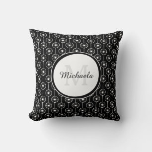 Chic Black and White  Monogrammed Name Heart Dots Cushion