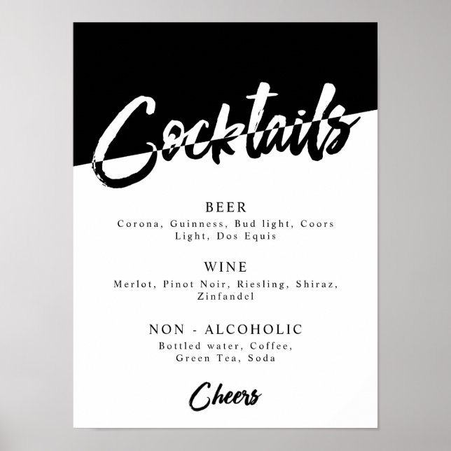 Chic Black and White Party Drink Menu Poster (Front)
