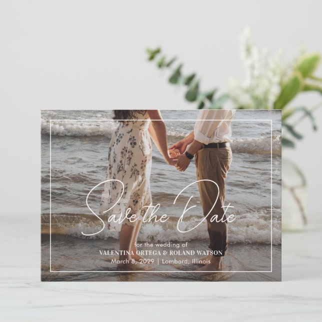 Chic Black and White Photo Modern Wedding Save The Date (Standing Front)