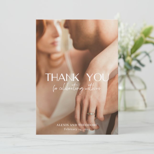 Chic Black and White Photo Modern Wedding Thank You Card (Standing Front)