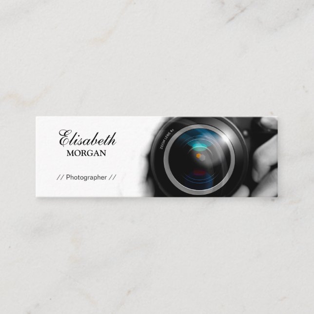 Chic Black and White Photographer Camera Lens Mini Business Card (Front)