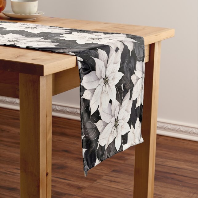 Chic black and white poinsettia short table runner (In Situ)