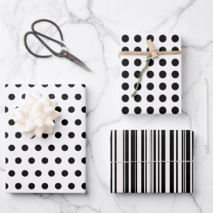 Chic Black and White Polka Dots and Stripe Pattern Wrapping Paper Sheet