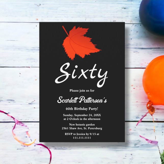 Chic Black And White Red Leaves Fall 60th Birthday Invitation (Creator Uploaded)
