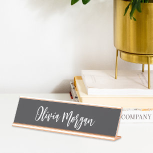 Chic Black and White Sketched Cursive Script Desk Name Plate