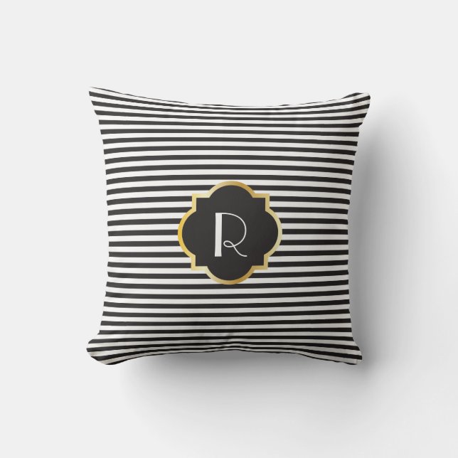 Chic Black and White Stripe Gold Monogram Cushion (Front)