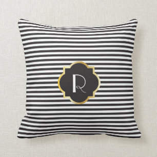 Chic Black and White Stripe Gold Monogram Cushion