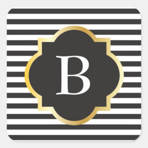Chic Black and White Stripe Gold Monogram Square Sticker