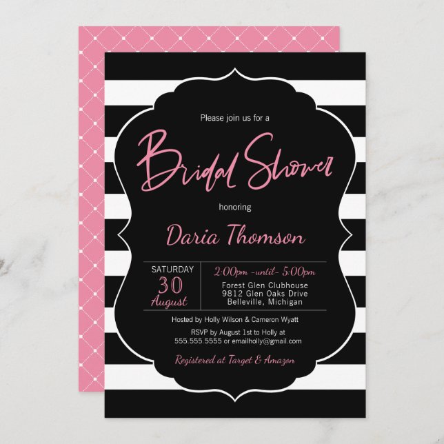 Chic Black and White Stripe & Pink Bridal Shower Invitation (Front/Back)