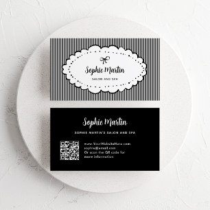 Chic Black and White Stripes and Bow   QR Code Business Card