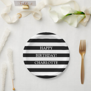 Chic black and white stripes custom name birthday paper plate