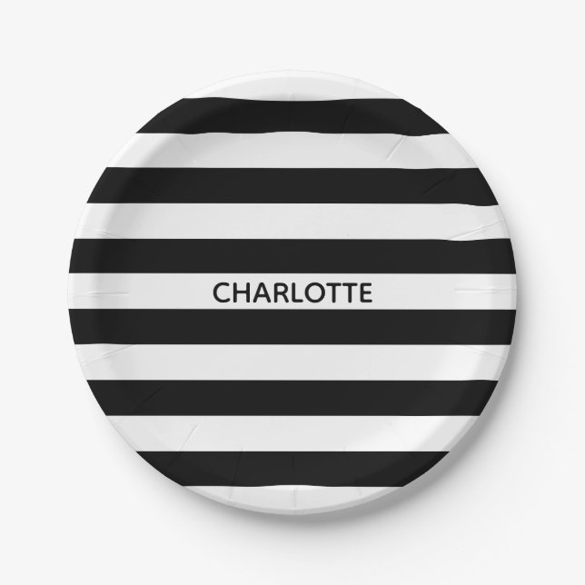 Chic black and white stripes custom name birthday paper plate (Front)