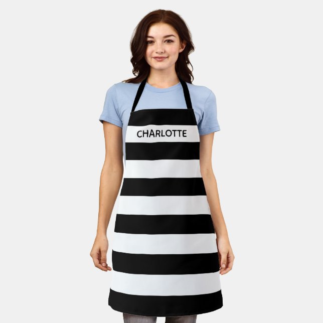 Chic black and white stripes custom name monogram apron (Worn)