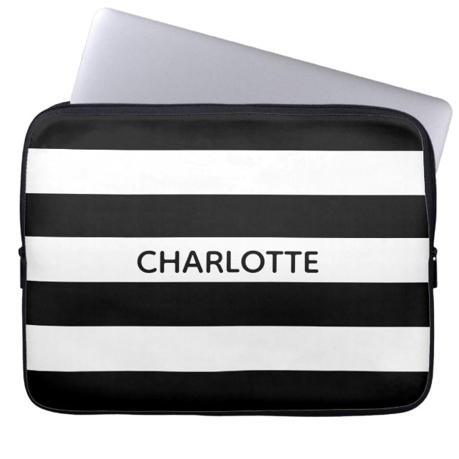 Chic black and white stripes custom name monogram laptop sleeve (Front)