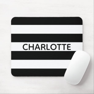 Chic black and white stripes custom name monogram mouse mat