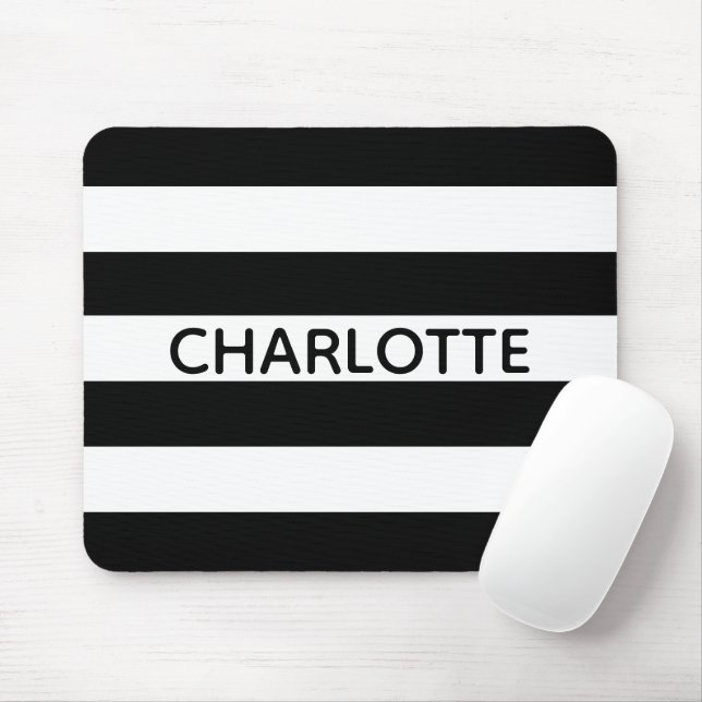 Chic black and white stripes custom name monogram mouse mat (With Mouse)