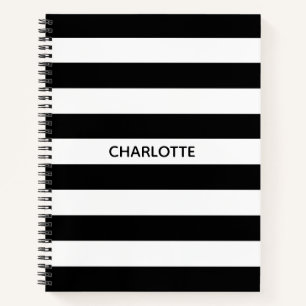Chic black and white stripes custom name monogram notebook