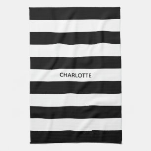 Chic black and white stripes custom name monogram tea towel