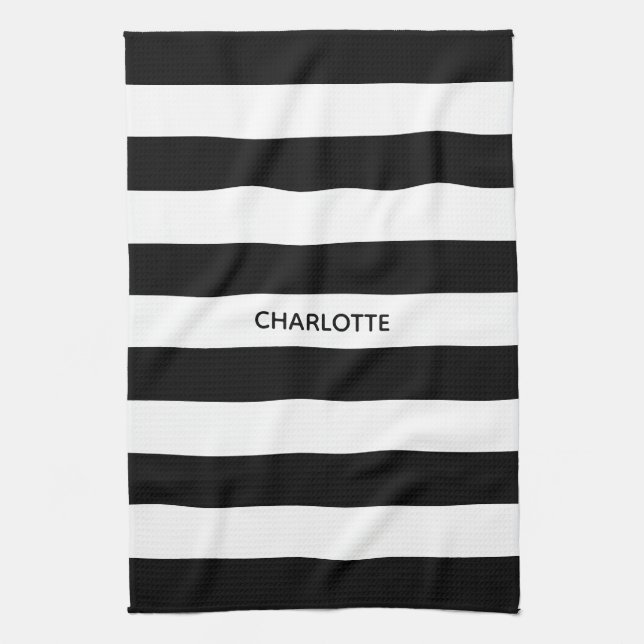 Chic black and white stripes custom name monogram tea towel (Vertical)