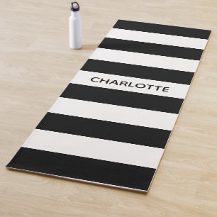 Chic black and white stripes custom name monogram yoga mat