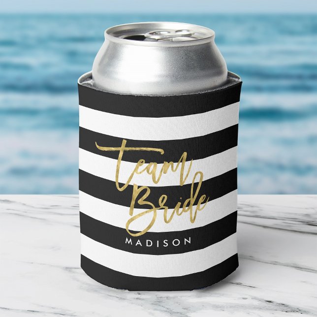 Chic Black and White Stripes Faux Gold Team Bride Can Cooler (Creator Uploaded)