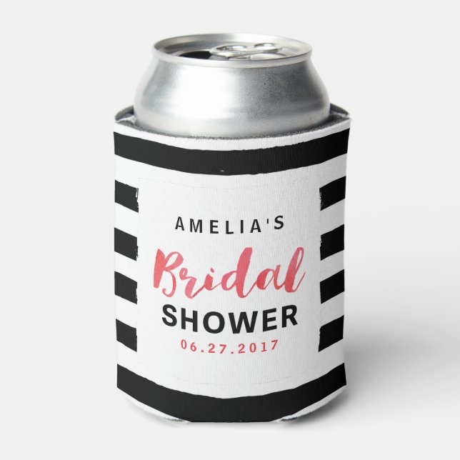 Chic Black and White Stripes Red Bridal Shower Can Cooler (Can Front)