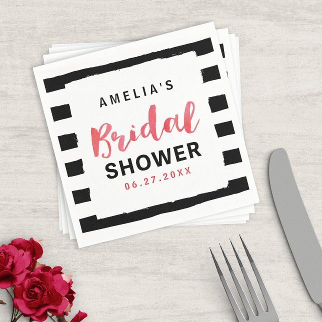 Chic Black and White Stripes Red Bridal Shower Napkin (Creator Uploaded)
