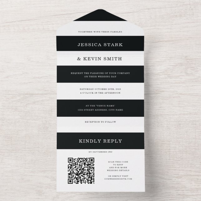 Chic Black and White Stripes Wedding All In One In Invitation (Inside)