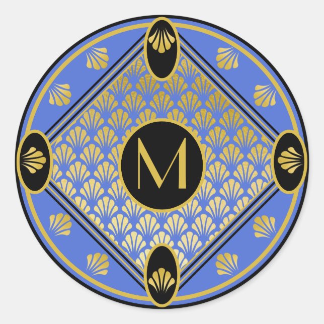 Chic Black & Azure Art Deco Fan Pattern Monogram Classic Round Sticker (Front)