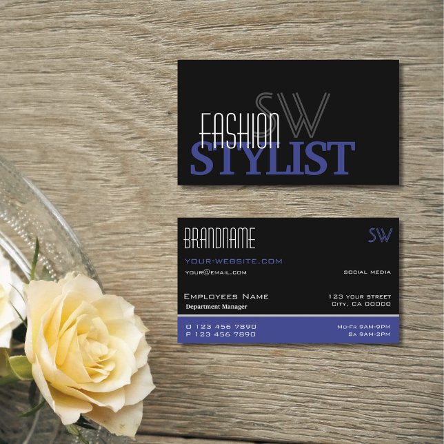 Chic Black Blue and White Simple with Monogram Business Card (Creator Uploaded)