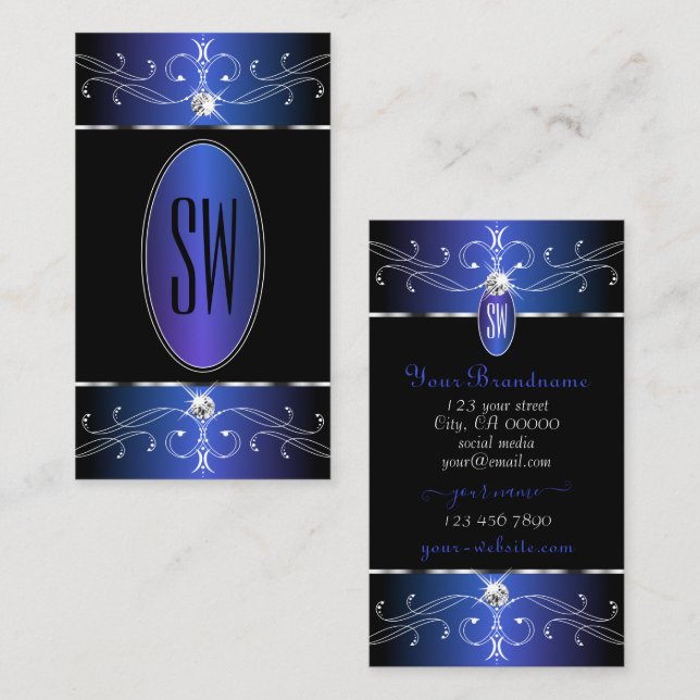 Chic Black Blue Purple Ornate Ornaments Initials Business Card (Front/Back)
