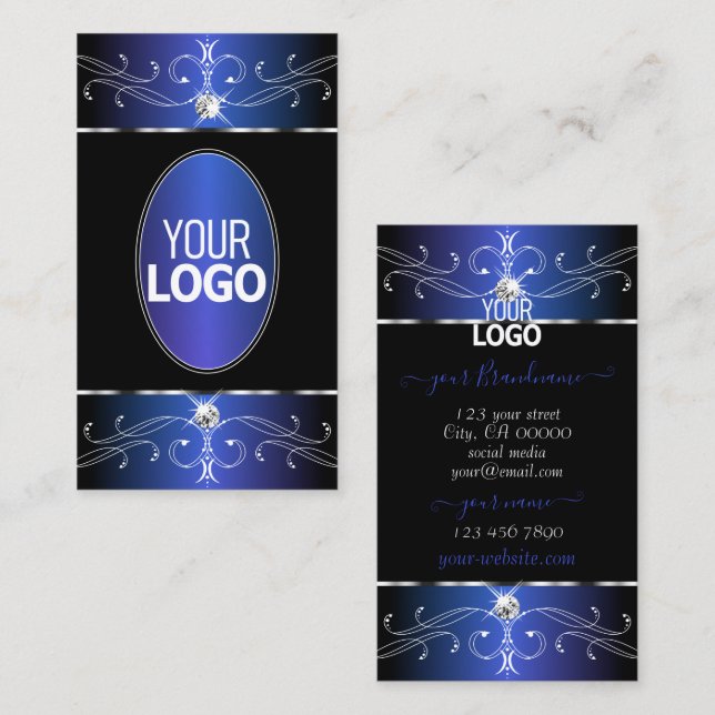 Chic Black Blue Purple Ornate Ornaments with Logo Business Card (Front/Back)