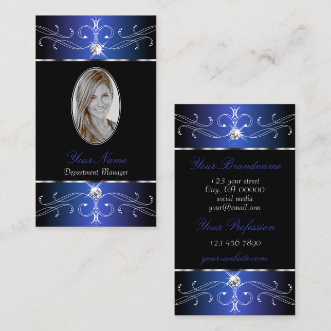 Chic Black Blue Purple Ornate Ornaments with Photo Business Card (Front/Back)