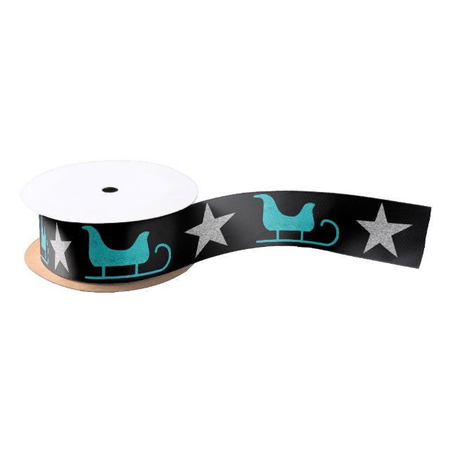 Chic Black Blue Sleigh Silver Star Glitter Pattern Satin Ribbon (Spool)