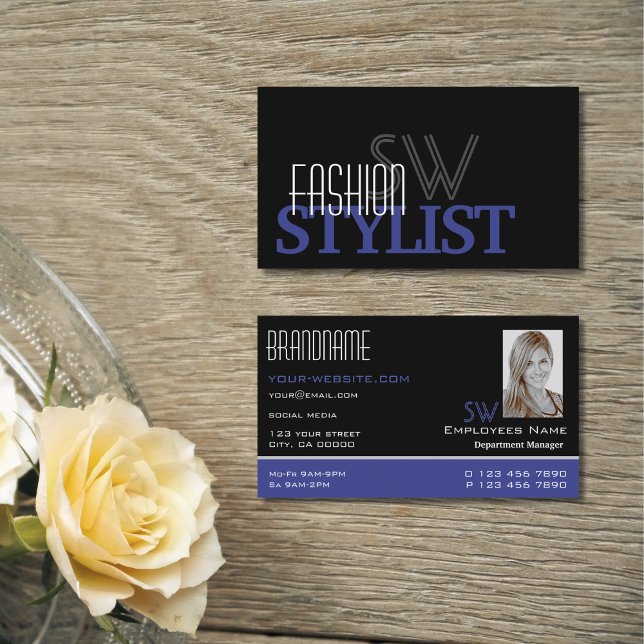 Chic Black Blue White Simple Monogram and Photo Business Card (Creator Uploaded)
